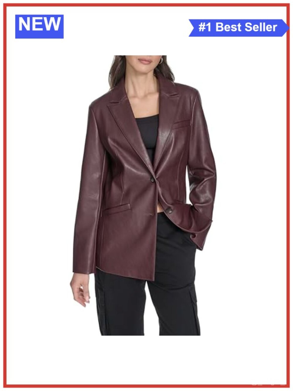 Faux Leather Single Breasted Blazer Notch Collar Long Sleeve